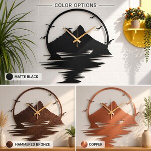 Handmade mountain lake clock crafted from steel with modern rustic style