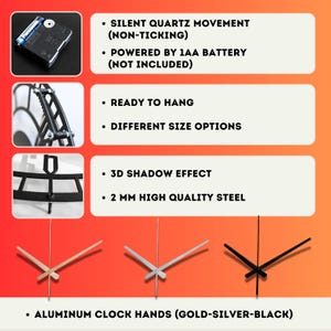 May include: A wall clock product display featuring a silent quartz movement, 2mm steel construction with a 3D shadow effect, and ready-to-hang hardware. Includes three sets of aluminum clock hands in gold, silver, and black color options.