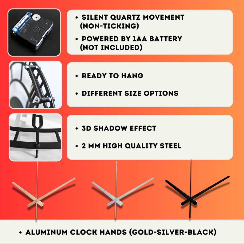 May include: A wall clock product display featuring a silent quartz movement, 2mm steel construction with a 3D shadow effect, and ready-to-hang hardware. Includes three sets of aluminum clock hands in gold, silver, and black color options.