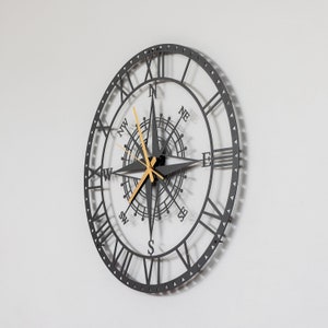 Compass Large Wall Clock, Metal Wall Clock, Unique Circle Wall Clock, Silent Metal Clocks, Roman Numerals Wall Clock, Handmade Home Decor image 2