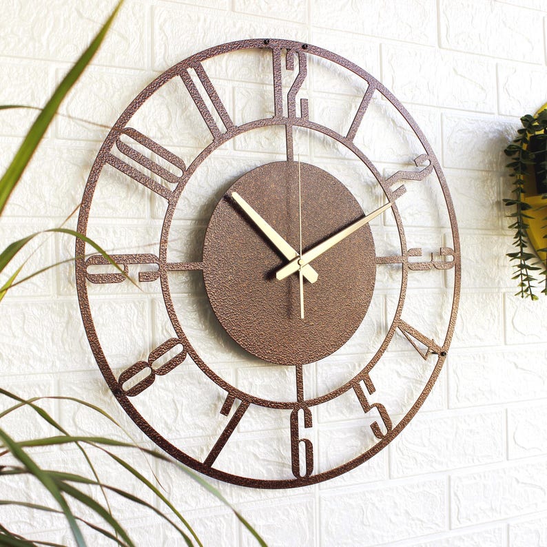 Hammered Bronze Metal Wall Clock: Large Rustic Mid Century Modern Art ...