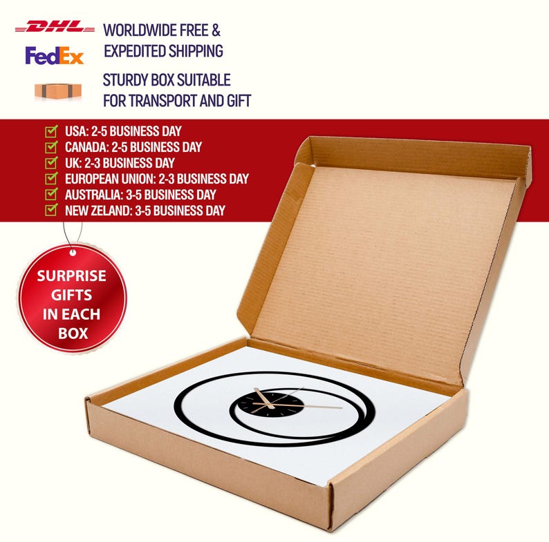 Pu&ograve; includere: Una scatola di cartone aperta contenente un orologio moderno in bianco e nero dal design unico. Il quadrante presenta forme ovali concentriche. &Egrave; presente anche il testo "SURPRISE GIFTS IN EACH BOX".