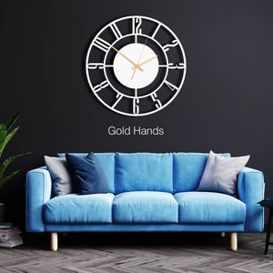 White Color Silent Metal Wall Clock With Numbers, Oversized Modern Metal Wall Clock, Unique White Wall Clock,Extra Large Clock ,Mantel Clock Gold Hands