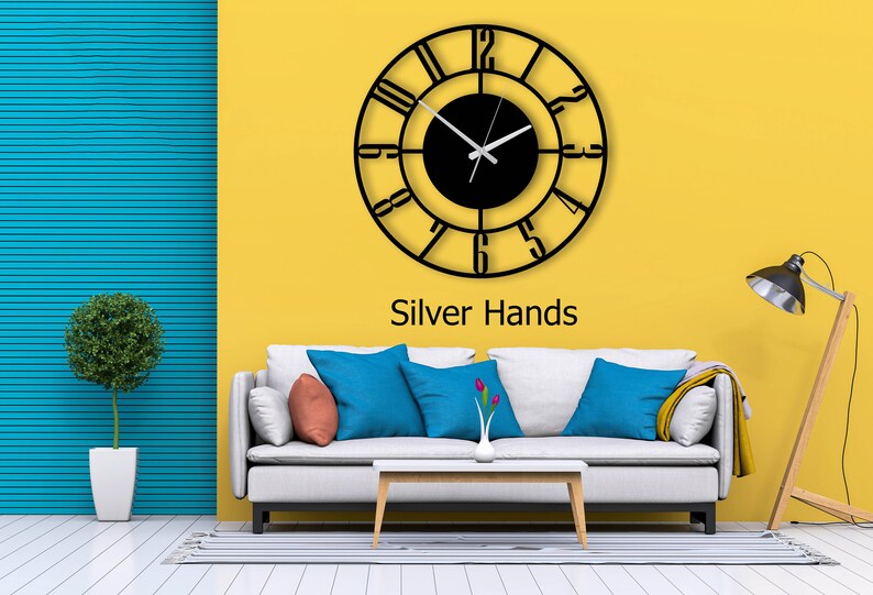 Silent Metal Wall Clock With Latin Numerals,Unique Wall Clocks,Extra Large Metal Wall Clock,Mantel Clock,Black Metal Clock,Modern Wall Clock Silver