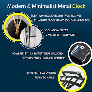 Pu&ograve; includere: Un orologio in metallo moderno e minimalista con lancette in alluminio oro, argento e nero. Presenta un movimento al quarzo silenzioso, effetto ombra 3D e puntatori resistenti alla ruggine. Richiede una batteria 1AA. Pronto da appendere.