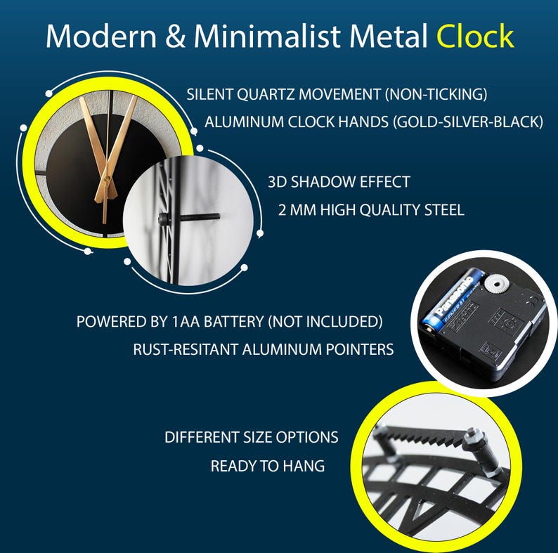 Pu&ograve; includere: Un orologio in metallo moderno e minimalista con lancette in alluminio oro, argento e nero. Presenta un movimento al quarzo silenzioso, effetto ombra 3D e puntatori resistenti alla ruggine. Richiede una batteria 1AA. Pronto da appendere.