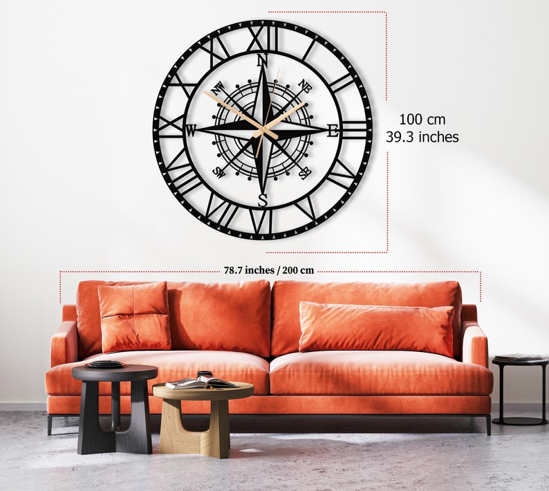 Compass Large Wall Clock, Metal Wall Clock, Unique Circle Wall Clock, Silent Metal Clocks, Roman Numerals Wall Clock, Handmade Home Decor zdjęcie 9