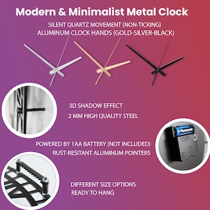 Op de afbeelding: Een moderne minimalistische metalen klok met een 3D-schaduweffect. De klok heeft een zwart metalen frame en wijzers en wordt aangedreven door een enkele AA-batterij. De klok is verkrijgbaar in verschillende maten en is klaar om op te hangen.