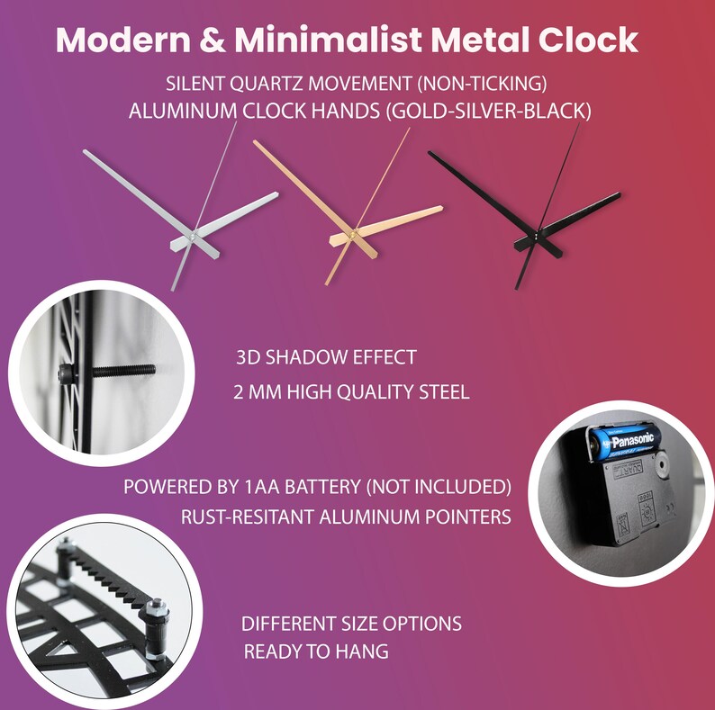 Op de afbeelding: Een moderne minimalistische metalen klok met een 3D-schaduweffect. De klok heeft een zwart metalen frame en wijzers en wordt aangedreven door een enkele AA-batterij. De klok is verkrijgbaar in verschillende maten en is klaar om op te hangen.