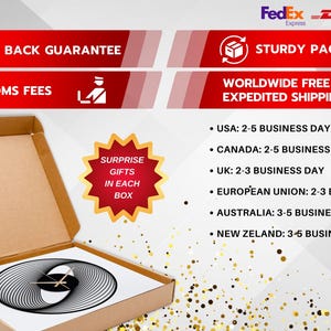 May include: An open cardboard box revealing a black and white abstract design. The box contains a white surface with a black and white spiral design. Text on the image includes "Money Back Guarantee" and "No Customs Fees". A red starburst reads "Surprise Gifts in Each Box."