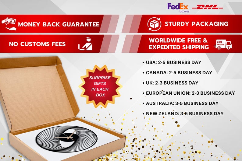 May include: An open cardboard box revealing a black and white abstract design. The box contains a white surface with a black and white spiral design. Text on the image includes "Money Back Guarantee" and "No Customs Fees". A red starburst reads "Surprise Gifts in Each Box."