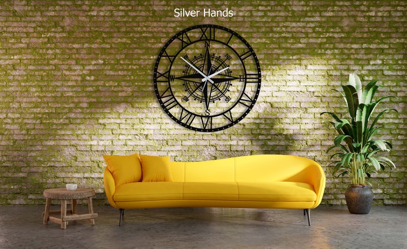 Compass Large Wall Clock, Metal Wall Clock, Unique Circle Wall Clock, Silent Metal Clocks, Roman Numerals Wall Clock, Handmade Home Decor Silver