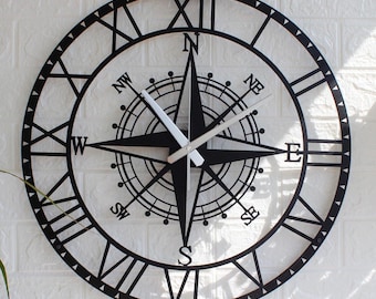 Silent Compass Metal Wall Clock with Roman Numerals, Extra Large Clock, Home Wall Decor, Compass Wall Art, Gift for Her, Wanduhr, Horloge