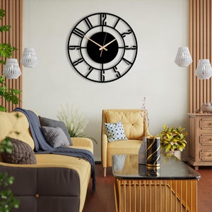 Silent Metal Wall Clock With Latin Numerals,Unique Wall Clocks,Extra Large Metal Wall Clock,Mantel Clock,Black Metal Clock,Modern Wall Clock image 3