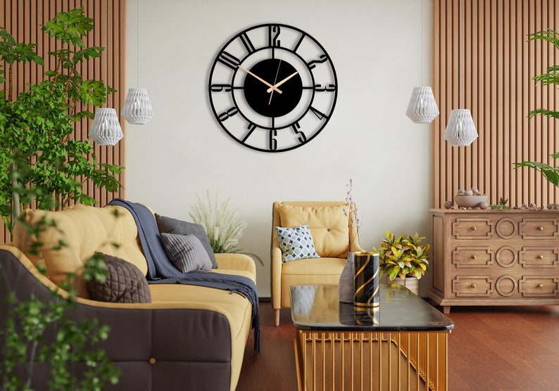 Silent Metal Wall Clock With Latin Numerals,Unique Wall Clocks,Extra Large Metal Wall Clock,Mantel Clock,Black Metal Clock,Modern Wall Clock image 3