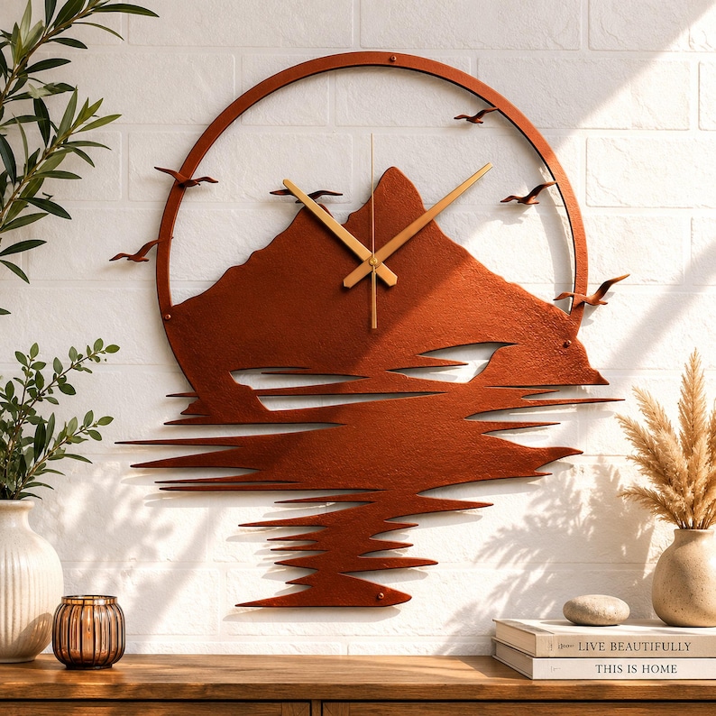Copper mountain lake metal wall clock for farmhouse, cabin and rustic home decor
