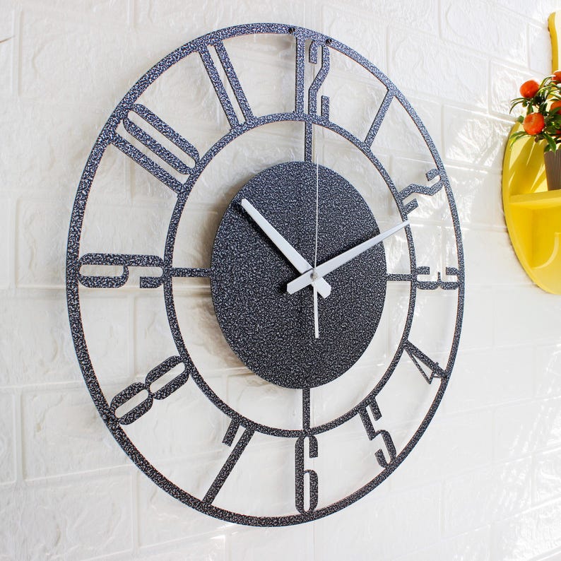 Large Metal Wall Clock, Modern Industrial Design, Roman Numeral Black ...