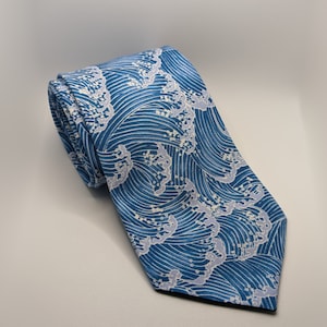 Men's Light Blue Necktie - Nami Japanese Wave Tie - Light Blue with White Foam Print - Adult and Tween Regular and Skinny Sizes