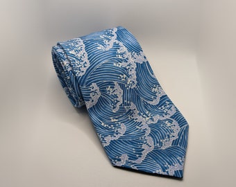 Men's Light Blue Necktie - Nami Japanese Wave Tie - Light Blue with White Foam Print - Adult and Tween Regular and Skinny Sizes