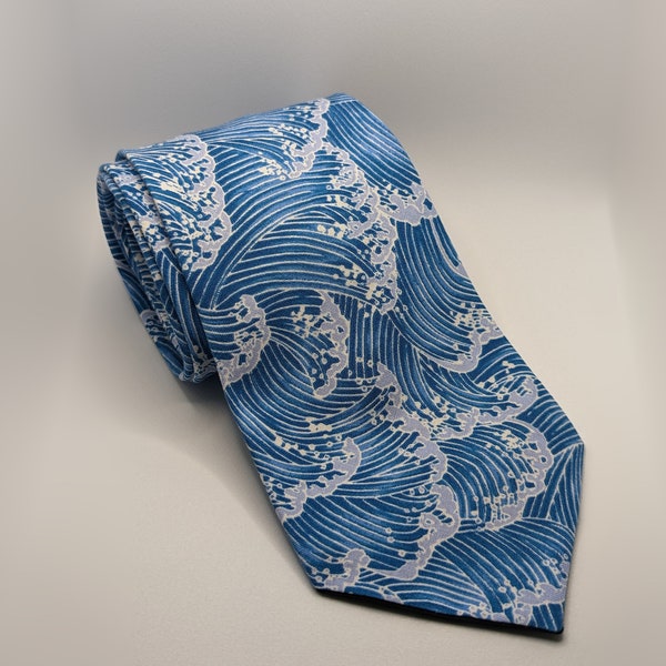 Men's Light Blue Necktie - Nami Japanese Wave Tie - Light Blue with White Foam Print - Adult and Tween Regular and Skinny Sizes