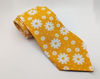 Men's Orange Necktie - Sunny Days - Vibrant Yellow Orange Tie with White Blooms - Adult and Tween Regular and Skinny Sizes