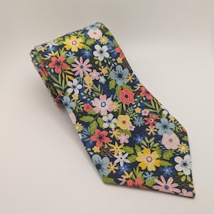 Men's Flower Necktie - Floral Delight - Colorful Flowers on Dark Blue - Adult and Tween Regular and Skinny Sizes