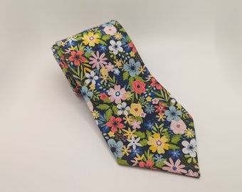 Men's Flower Necktie - Floral Delight - Colorful Flowers on Dark Blue - Adult and Tween Regular and Skinny Sizes