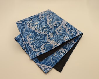 Men's Light Blue Pocket Square - Nami Japanese Wave - Light Blue with White Foam Print - Men's Suit Accessory