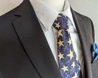 Men's Blue Necktie - Star-Spangled Rustic - Blue, White, and Gold Glitter - Adult and Tween Regular and Skinny Sizes