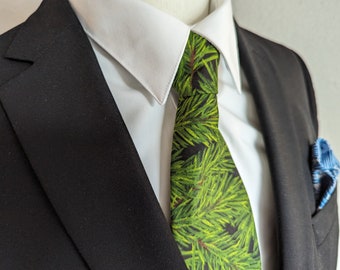 Men's Green Necktie - Winter Evergreen - Holiday Spruce Needle Pattern - Adult and Tween Regular and Skinny Sizes