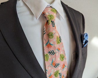 Men's Tropical Necktie - Pink Jungle Adventure - Wilderness Expedition with Safari Flair - Adult and Tween Regular and Skinny Sizes