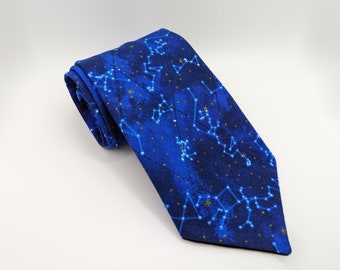 Men's Dark Blue Necktie - Starry Night Sky - Glittering Gold Constellations - Adult and Tween Regular and Skinny Sizes