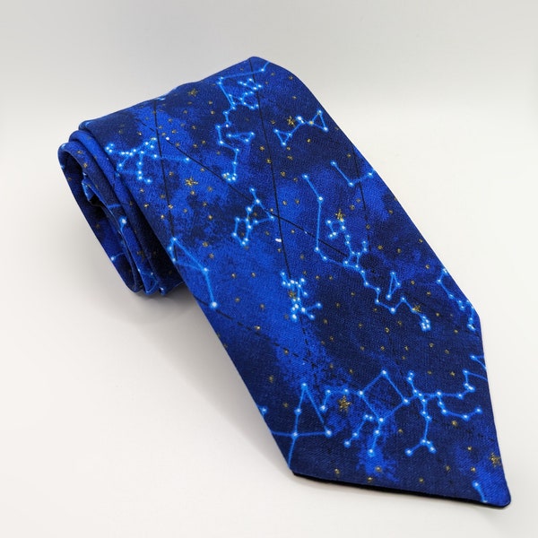 Men's Dark Blue Necktie - Starry Night Sky - Glittering Gold Constellations - Adult and Tween Regular and Skinny Sizes