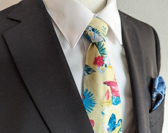 Men's Tropical Necktie - Tropical Elegance - Paradise Birds and Lush Flora - Adult and Tween Regular and Skinny Sizes