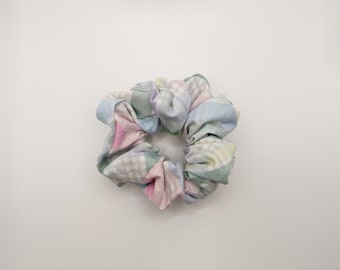 Pastel Plaid Scrunchie - New Spring - Light Pink and Blue Spring Plaid - Hair Tie Made with 8 Inch Elastic