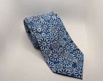 Men's Blue Necktie - Blue Delight - Handcrafted Cotton Necktie with Whimsical White Daisy Flowers - Adult and Tween Regular and Skinny Sizes