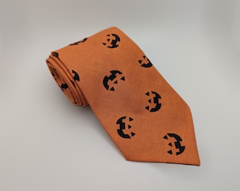 Men's Festive Necktie - Festive Frights Smiling Tie - Carved Holiday Gourd - Adult and Tween Regular and Skinny Sizes