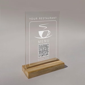 Menú QR personalizado para restaurantes, decoración de mesas, plexiglás acrílico transparente, expositor higiénico, menú sin contacto, menú QR editable