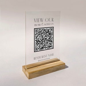 Menú QR personalizado para restaurantes, decoración de mesas, plexiglás acrílico transparente, expositor higiénico, menú sin contacto, menú QR editable