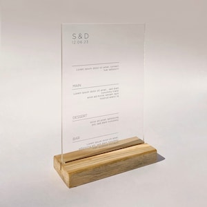 Espositore per menù di nozze in acrilico minimalista personalizzato, decorazione per tavolo in plexiglass acrilico trasparente, infografica per eventi occasionali
