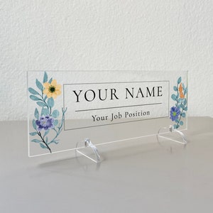 Custom Acrylic Name Plate Flower Pattern, Table Top Decoration, Transparent Acrylic Plexiglass, Modern Desk Decoration