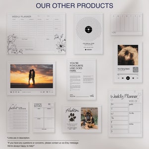 May include: A collection of printable digital products for planning and organization. The products include a weekly planner, a vision board, a habit tracker, a song lyric print, a pet memorial print, and a music playlist printable.