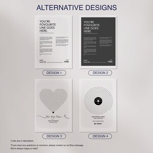 May include: Four different design options for a personalized song lyric print. The first two designs feature a simple text layout with the artist and song title, and the year 1996. The third design features a heart shape made of song lyrics with the text "Your Song Name" and the names "Jane & Edward" and the date "September 2021". The fourth design features a circle made of song lyrics with the text "Our Special Song" and the date "22nd January 2022".