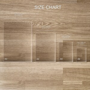 May include: Size chart showing the dimensions of different paper sizes in inches and millimeters. The chart shows the sizes A3, A4, A5, and A6.