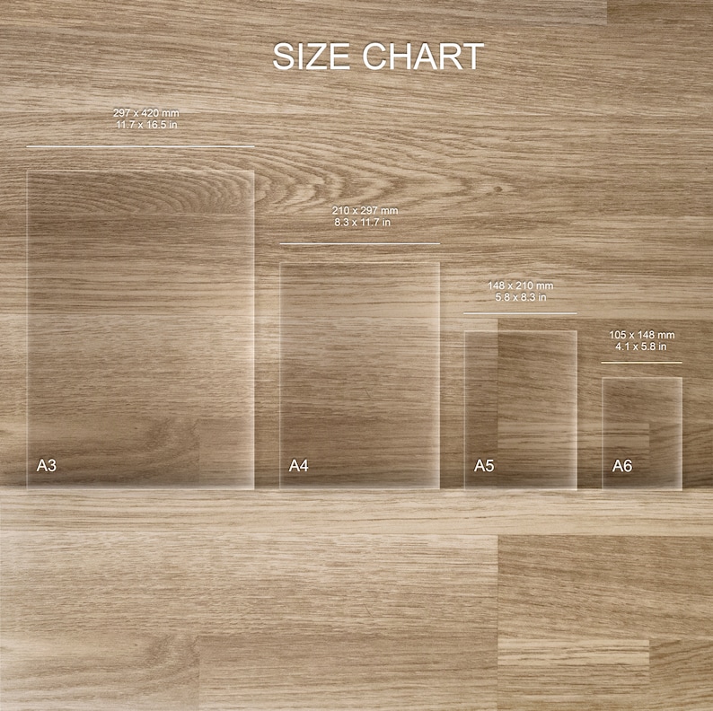 May include: Size chart showing the dimensions of different paper sizes in inches and millimeters. The chart shows the sizes A3, A4, A5, and A6.