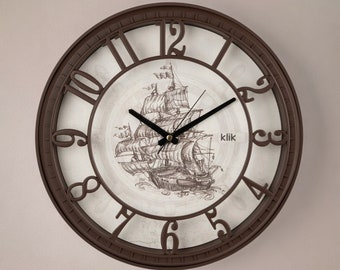 Hisar Sail Patterned Wall Clock, Brown Wall Clock, Wall Clock with Numerals, Unique Wall Clock, Large Wall Clock, Modern Wall Clock