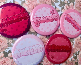 Kawaii Anime Button Set, Yandere Tsundere Femboy, Handmade