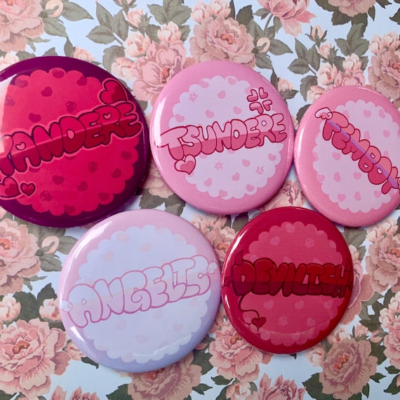 Kawaii Anime Button Set, Yandere Tsundere Femboy, Handmade