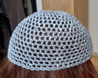 Crocheted Skull Cap Hat,Party Skull Cap with Sparkly Sequins,Crochet Mesh Skull Cap,Party Skull Hat,Crochet Granny Beanie,Knit Granny Beanie