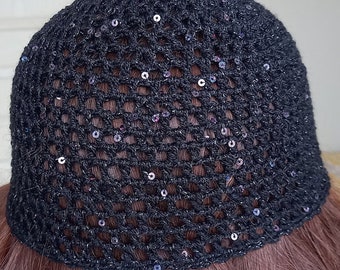 Crocheted Skull Cap Hat,Party Skull Cap with Sparkly Sequins,Crochet Mesh Skull Cap,Party Skull Hat,Crochet Granny Beanie,Knit Granny Beanie